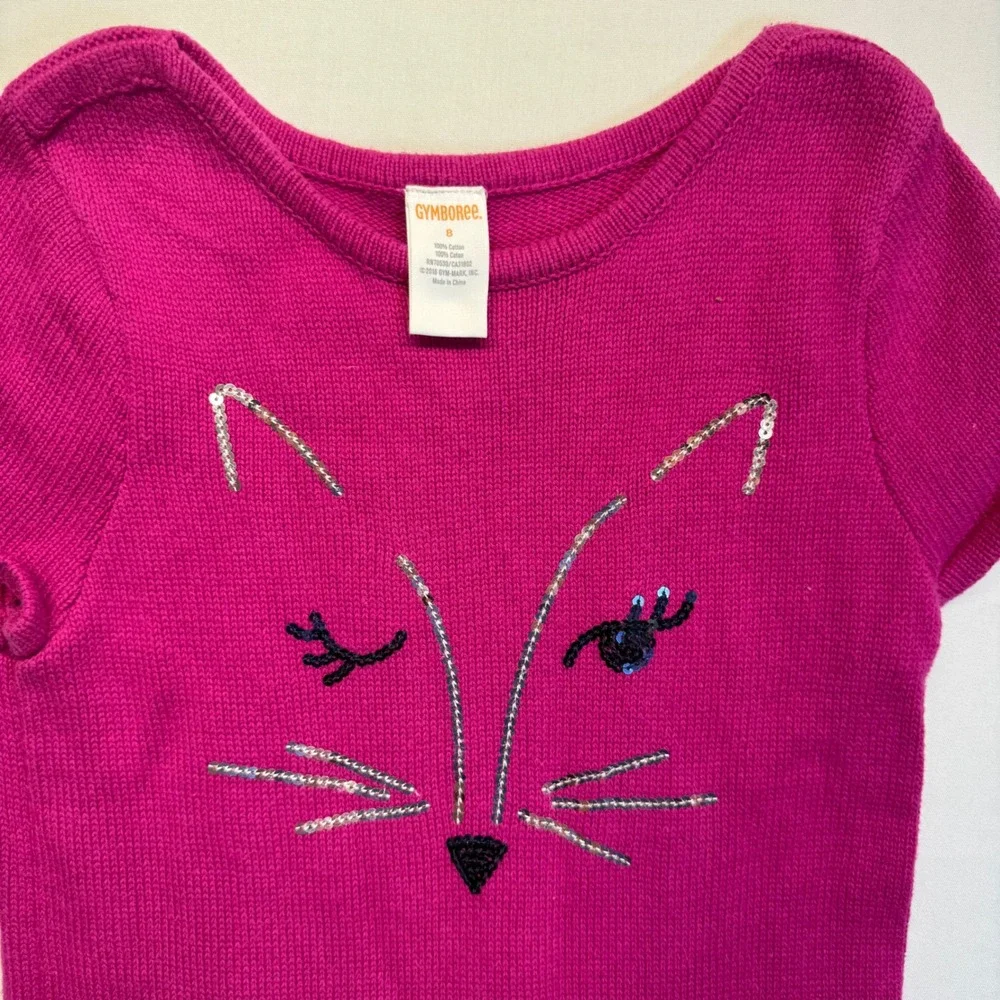 Gymboree Girls Pink Cat Face Sweater Dress Size 8 Sequin‎ Kitty Knit Twirl